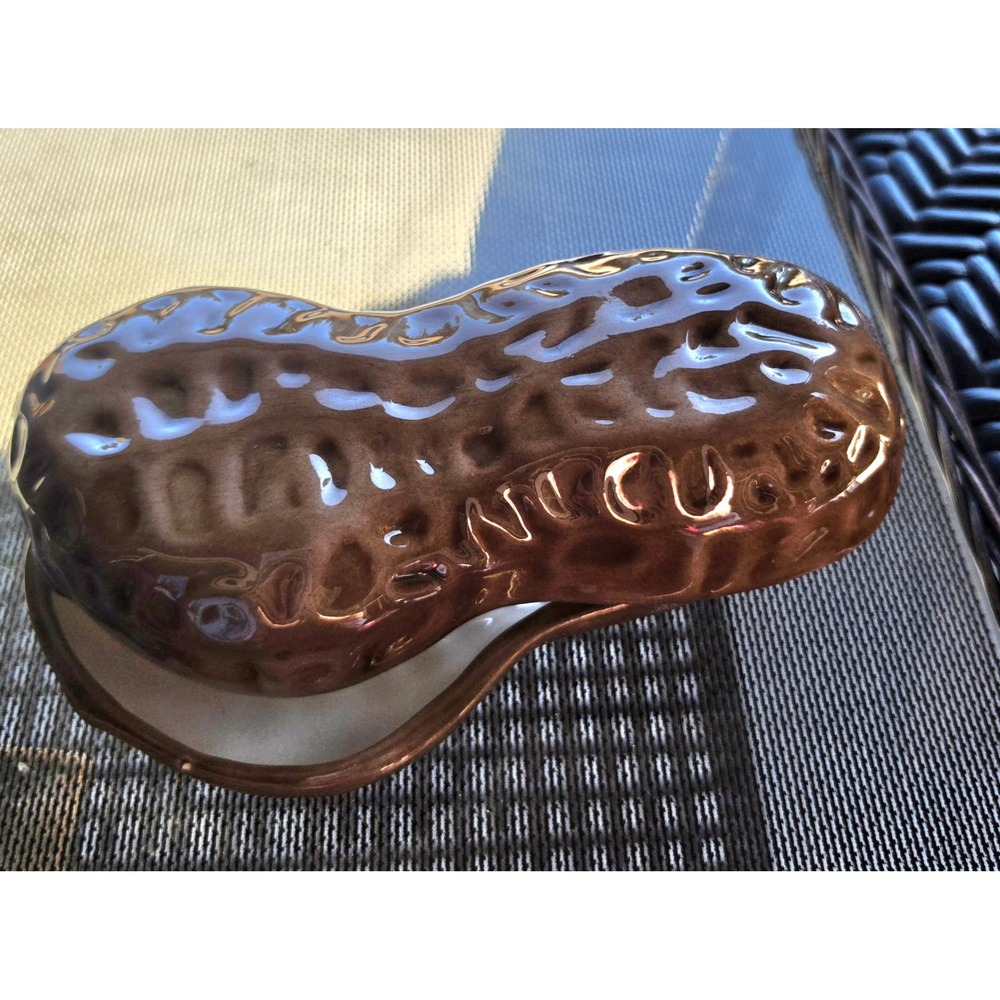 Vintage Ceramic Peanut Shaped Covered Dish | Retro 1970s Lidded Nut Bowl